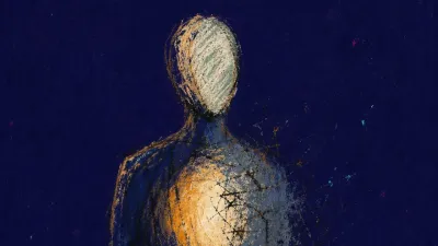 A solitary figure with a fading amber glow in the chest, blue-grey space widening around the body in deep indigo