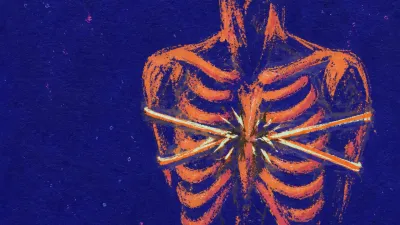 A solitary figure with tense ribs, a snapped glowing line across the chest, warm orange pressed into deep indigo