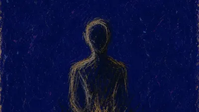 A solitary figure in dark negative space, amber light at the lower stomach fading into fog-grey indigo.
