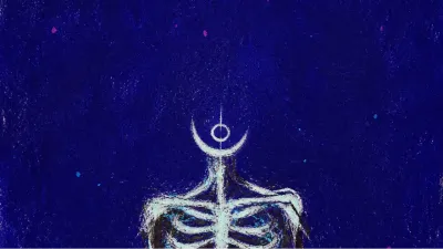 A solitary figure in deep indigo stillness, ribcage edged with ice-white static and sharp lines in the air