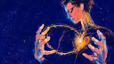A solitary figure in dark space with amber light looping from the chest to the fingertips against a cool indigo field.
