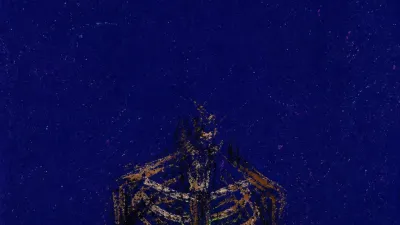A solitary figure with tight ribs around a small green glow, cold indigo space pressing close from every side