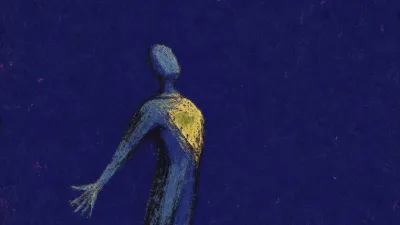 A solitary figure with rooted feet and an open chest, warm green-gold light meeting cool indigo space at the sternum