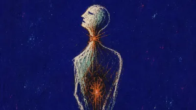 A solitary figure with a tightened throat and copper heat around the stomach, standing before a bright window in deep indigo