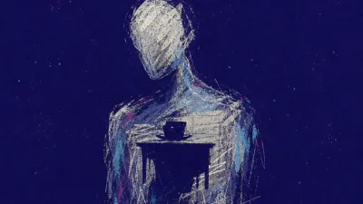 A solitary figure with a desk-shaped hollow in the chest, cold pewter light pressed into bruised indigo space