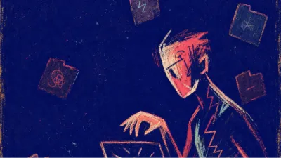 A solitary figure with tight hands near glowing tabs, coral heat pressing into deep indigo space
