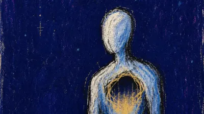 A solitary figure with a hollow chest glow fading into cold blue space, pale gold warmth thinning at the edges