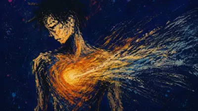 A solitary figure with warm amber light draining from the chest into deep indigo as a cold silver band remains suspended.