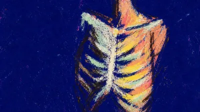A solitary figure with a tight ribcage under a sharp spotlight, warm color compressed against deep indigo space