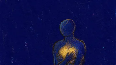 A solitary figure with soft golden light beneath the ribs, standing in deep indigo space with a calm upright posture