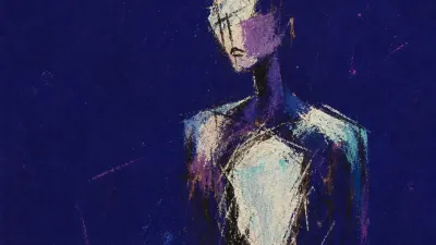 A solitary figure with a hollow chest space, suspended in bruised indigo with cool white edges fading inward