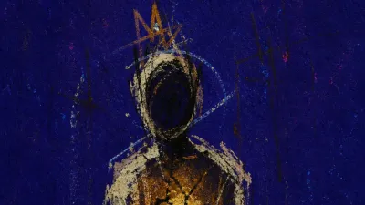 A solitary figure with dim hollow warmth in the chest, cold amber fading into deep indigo space