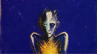 A solitary figure with lifted shoulders and amber static across the chest, ending at a hard edge in deep indigo space.