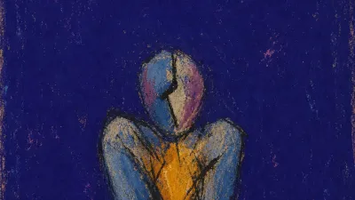 A solitary figure with lifted shoulders and an amber-lit chest, surrounded by cold indigo space narrowing inward.