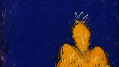 A solitary figure with raised shoulders, amber bands, and indigo tally lines pressing across the torso in negative space.