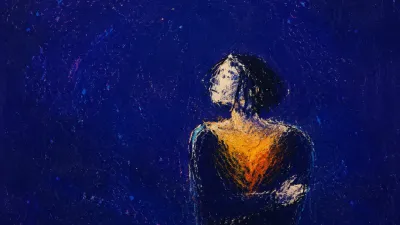 A solitary figure with shoulders held close, an amber band across the chest fading into deep indigo negative space