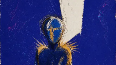 A solitary figure with slightly lifted shoulders, warm amber pressing against blank white blocks suspended in deep indigo.