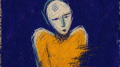 A solitary figure with raised shoulders, hot amber pressure across the chest, surrounded by still deep indigo space