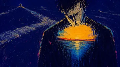 A solitary figure with amber light settled across raised shoulders, between fading silver-blue fields in deep indigo space.