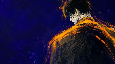 A solitary figure with lowered shoulders, suspended amber bands ending against a field of charcoal and deep indigo.