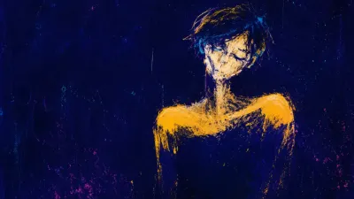 A solitary figure with slightly lowered shoulders, warm amber suspended along an abrupt edge in gathered indigo space.