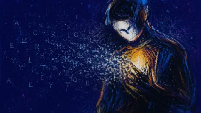 A solitary figure in dark space with an amber pulse at the chest, its pale edges dissolving into cold blue static.