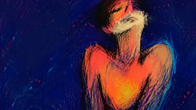 A solitary figure with raised shoulders and amber light across the chest, sharply fading into deep indigo and charcoal space