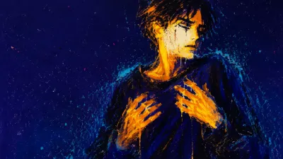 A solitary figure with lifted shoulders and empty hands near the chest, warm amber draining into cold indigo space.