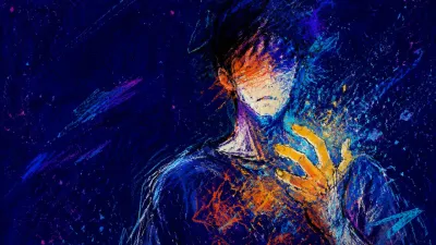 A solitary figure in deep indigo space, chest and shoulders veiled in amber static, fingertips fading into cool cyan.