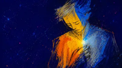 A solitary figure with the chest held still, warm amber meeting cool silver at a fine color boundary in deep indigo space.
