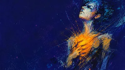 Solitary figure with a suspended amber glow at the chest, its edges dissolving into cold cyan and deep indigo space