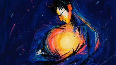 A solitary figure with warm amber light across the chest, centered in a shared circle of clear blue and deep indigo.