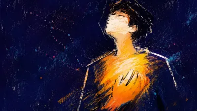 A solitary figure with raised shoulders, amber light across the chest, and a fine white edge suspended in deep indigo