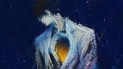 A solitary figure with composed shoulders and a hollow chest, silver-blue edges fading into muted amber against deep indigo.