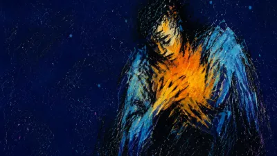 A solitary figure with amber light across the chest, shoulders folded inward as cold blue layers fill deep indigo space