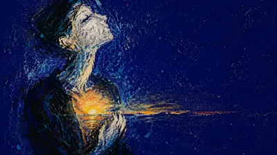 A solitary figure in dark space, amber light settled through the chest, a distant horizon suspended in cool blue air.