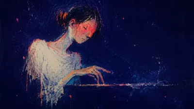 Solitary figure, warm face contour, hollow torso, fingertips suspended above a misaligned pale line in cool blue space