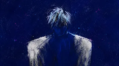 A solitary figure with raised shoulders between black and white pillars, cold silver edges against deep indigo space.