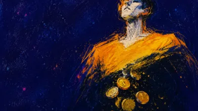 A solitary figure with raised shoulders and settled coins in deep negative space, warm amber drifting into cool blue.
