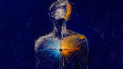 A solitary figure in dark space, a suspended silver plane across the chest as muted amber drifts into cool blue.