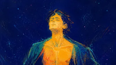 Solitary figure with level shoulders and an open chest, amber light resting against cool indigo negative space.