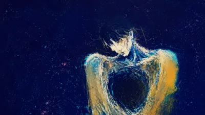 A figure with inward shoulders, hollow chest, outline dissolving into faded silver, muted amber, and deep indigo space.