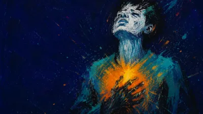 A solitary figure in deep indigo space, with an amber glow at the chest draining through the torso into cold teal.