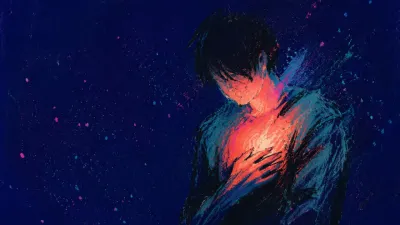 A solitary figure with folded shoulders and a dim chest ember, warm coral light suspended against cool teal darkness