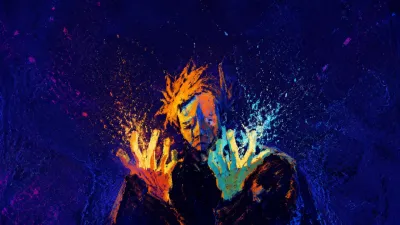 A solitary figure with lifted shoulders and luminous fingertips amid amber-cyan static and narrowing deep indigo space.