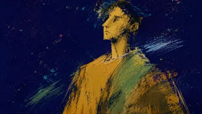 A solitary upright figure, weight settled through the torso and shoulders, warm ochre and muted green against cool indigo.
