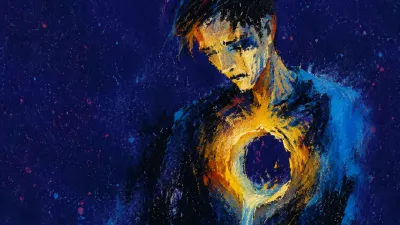 Solitary figure with a hollow chest, thin gold light against cool blue space and deep indigo grain.