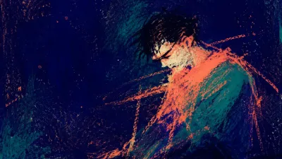 A solitary figure with raised shoulders, coral static drifting across the torso into dense teal and deep indigo space.