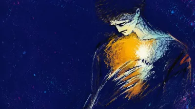 A solitary figure with shoulders drawn inward, an amber-white band suspended across the chest in deep indigo space.