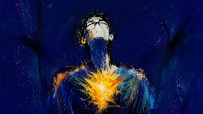 A solitary figure with shoulders held high, amber vibration suspended across the chest against cool blue and deep indigo.